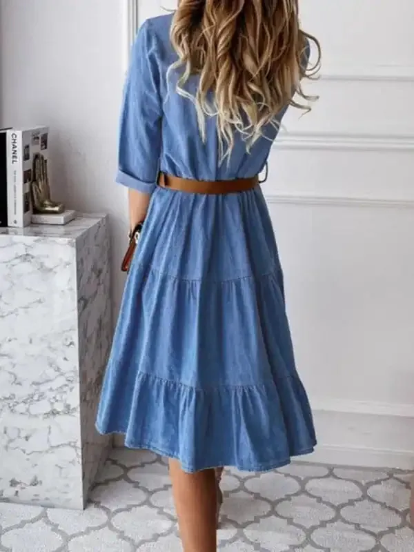 Women’s Denim Lapel Panel Button Breasted Midi Dress