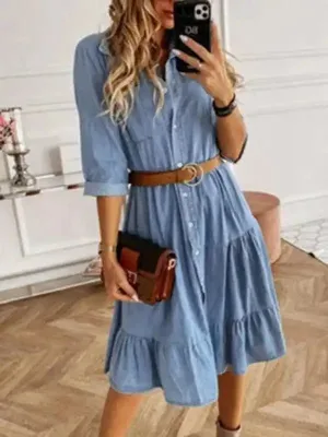 Women’s Denim Lapel Panel Button Breasted Midi Dress