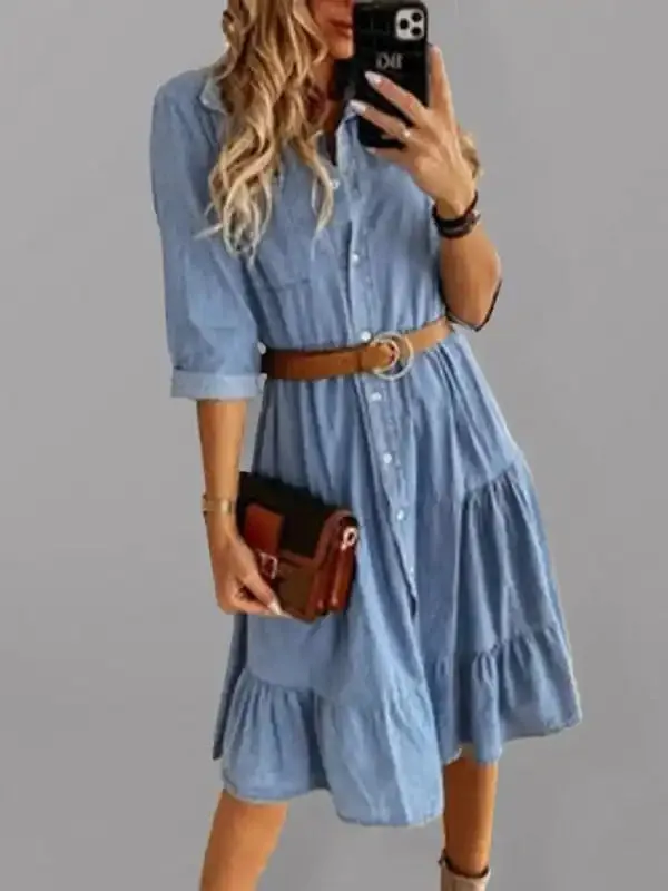 Women’s Denim Lapel Panel Button Breasted Midi Dress