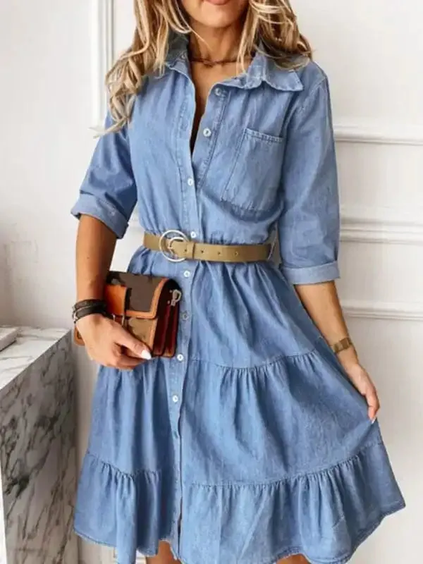 Women’s Denim Lapel Panel Button Breasted Midi Dress