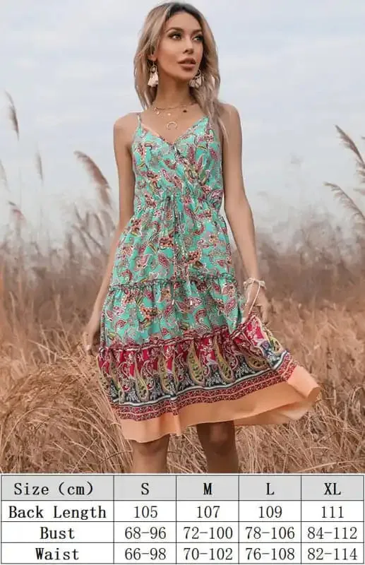 Women’s Ethnic Print Boho V-Neck Slip Dress