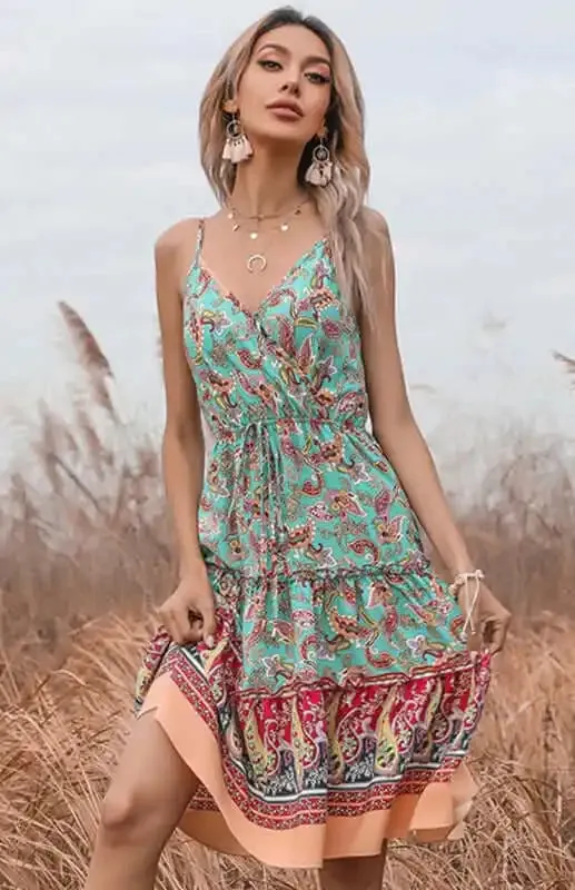 Women’s Ethnic Print Boho V-Neck Slip Dress