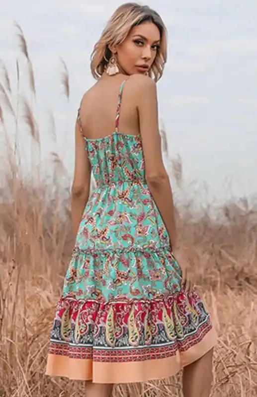 Women’s Ethnic Print Boho V-Neck Slip Dress