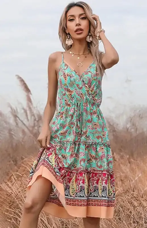 Women’s Ethnic Print Boho V-Neck Slip Dress