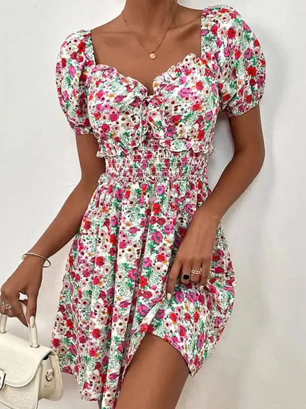 Women’s New High Waist Puff Sleeve Floral Dress