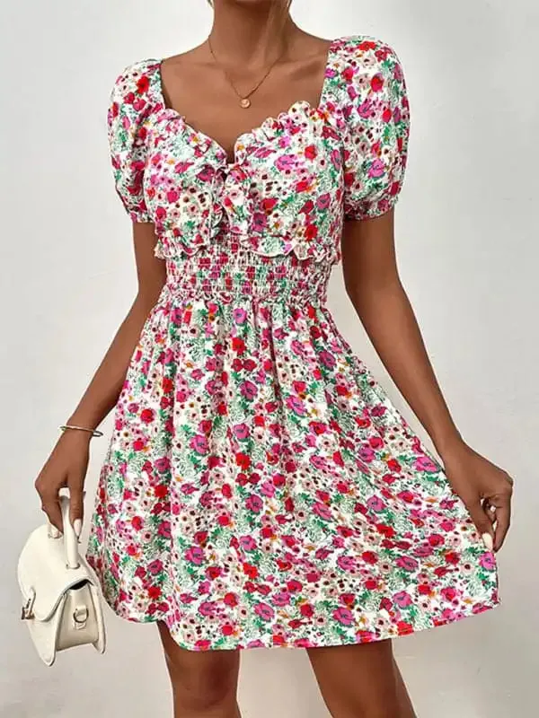 Women’s New High Waist Puff Sleeve Floral Dress