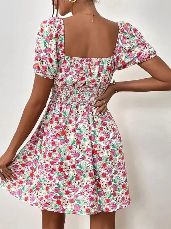 Women’s New High Waist Puff Sleeve Floral Dress