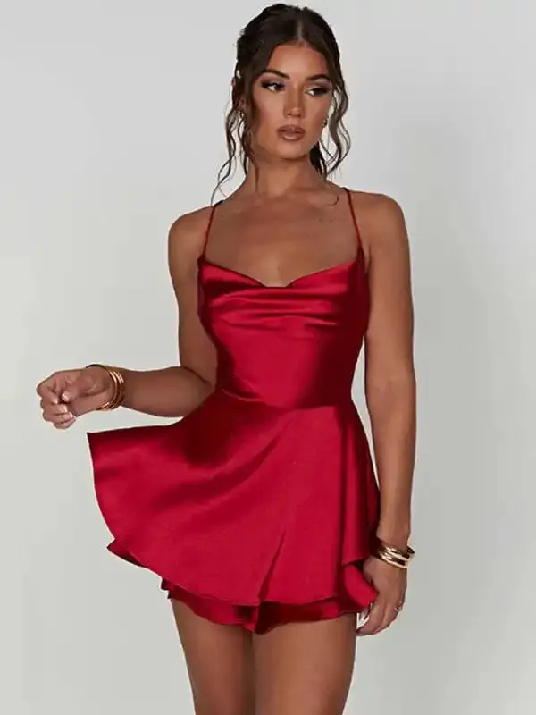 Women’s new suspender satin backless strappy A-hem dress