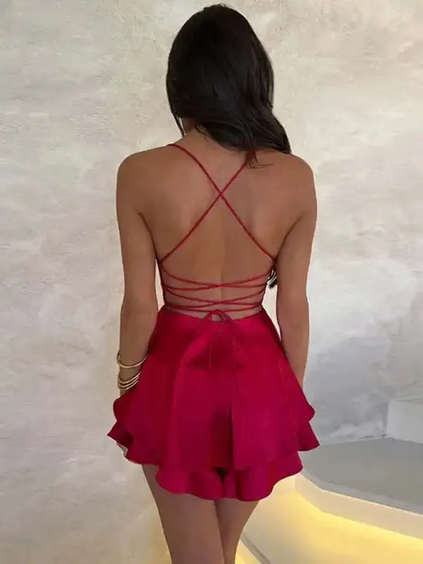 Women’s new suspender satin backless strappy A-hem dress