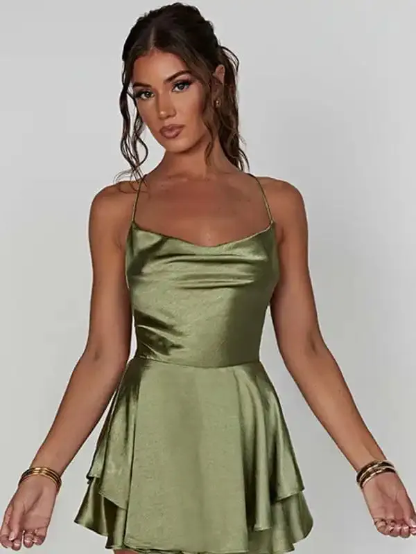 Women’s new suspender satin backless strappy A-hem dress