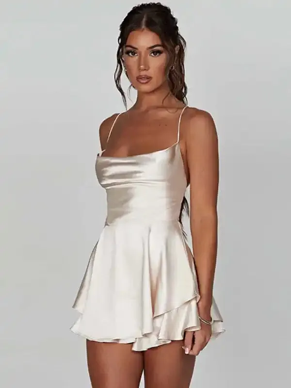 Women’s new suspender satin backless strappy A-hem dress