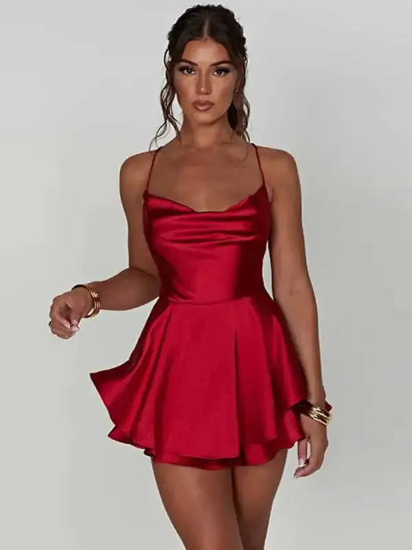 Women’s new suspender satin backless strappy A-hem dress