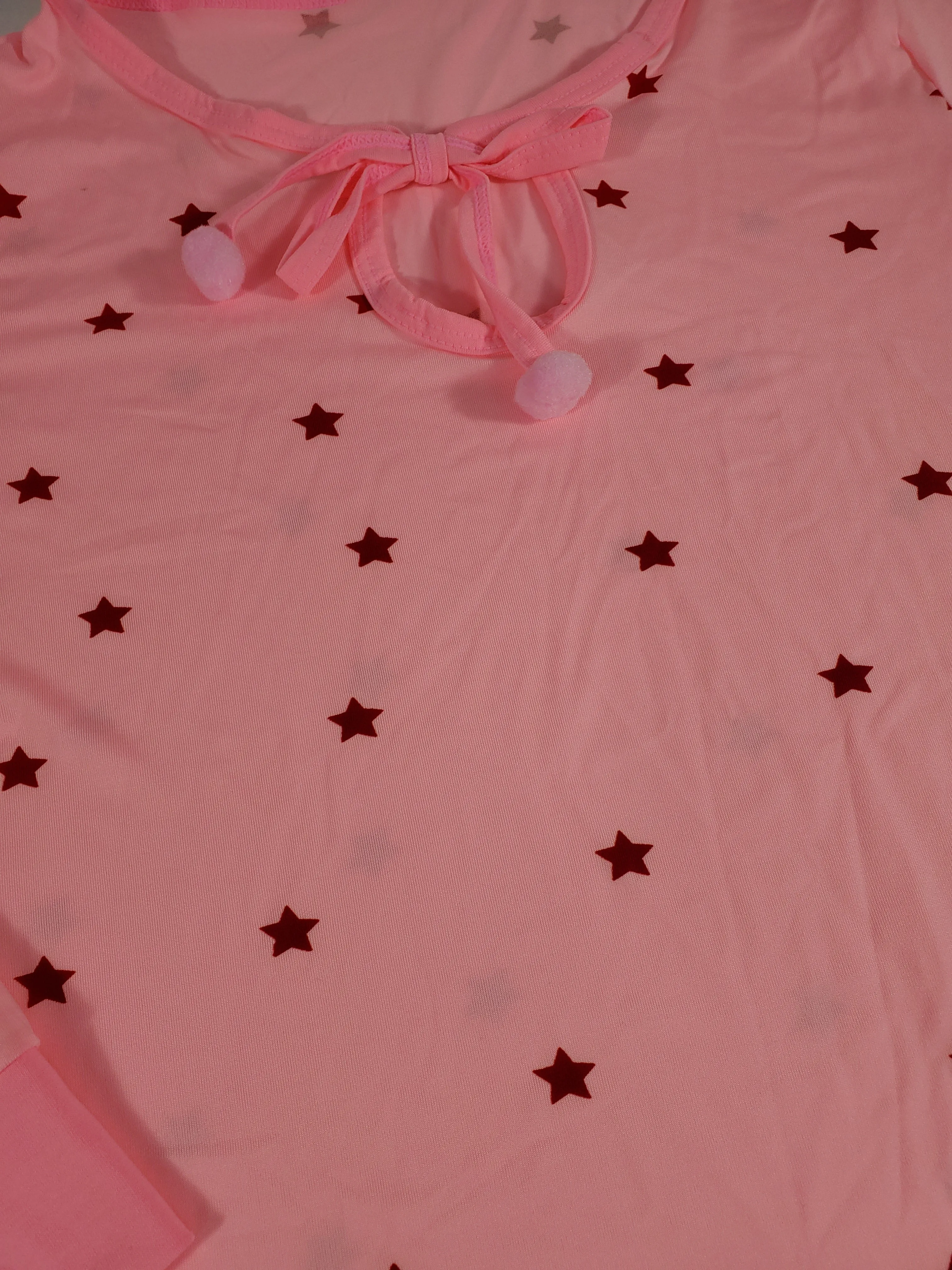 Women's Pajama set pants and long sleeve shirt pink with red stars