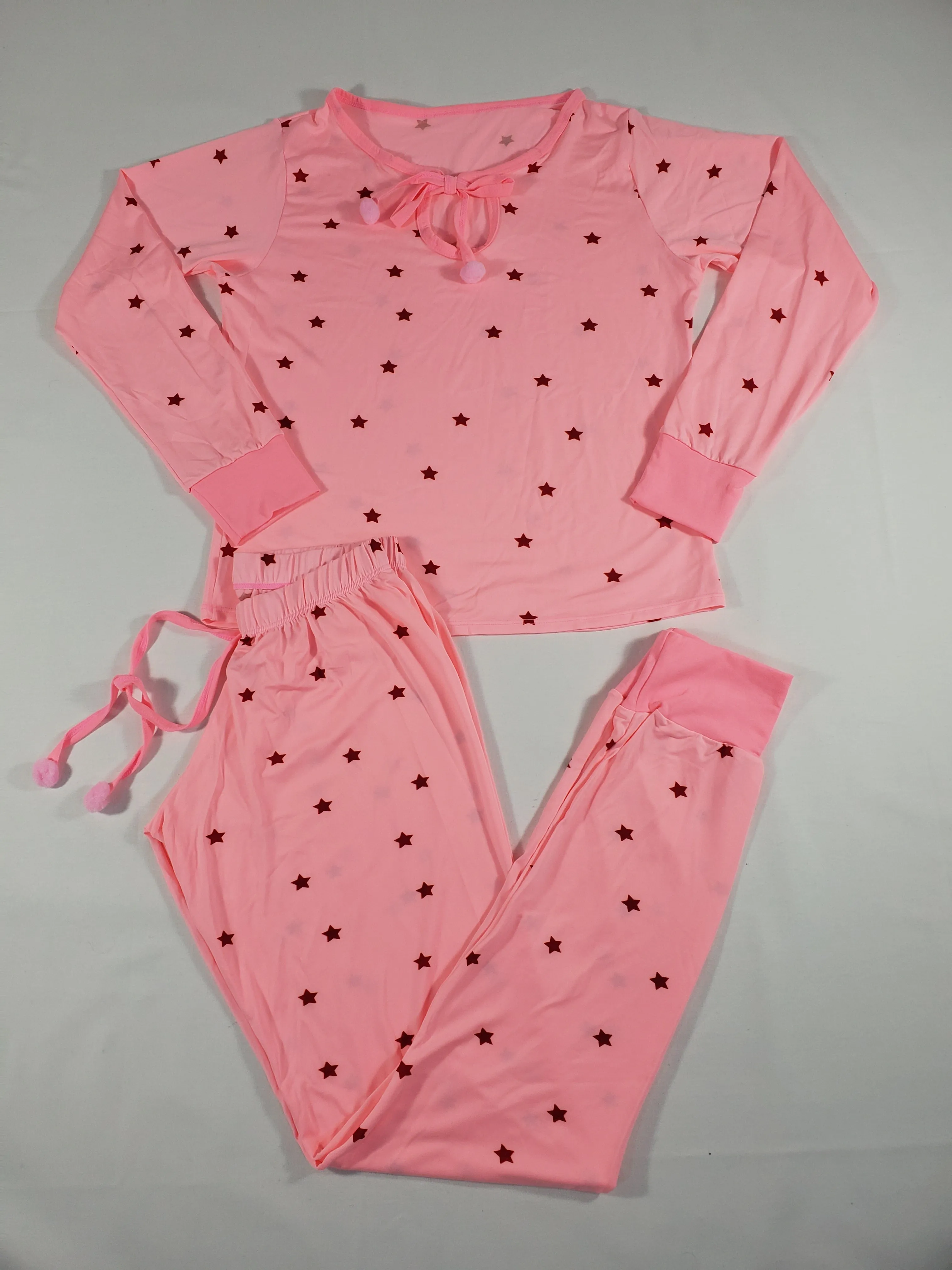 Women's Pajama set pants and long sleeve shirt pink with red stars