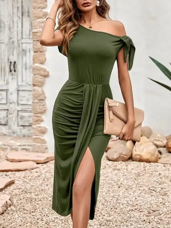 Women’s Solid Color Casual Knit Slant Neck Slit Waist Dress