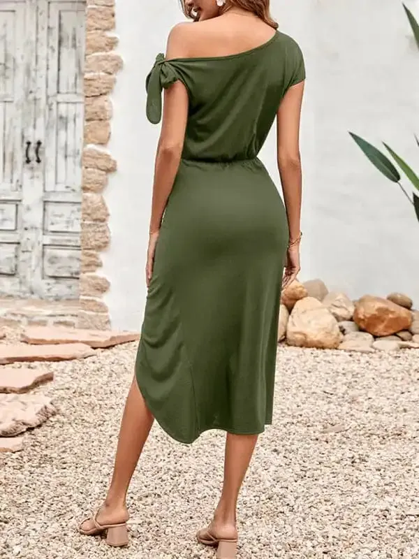 Women’s Solid Color Casual Knit Slant Neck Slit Waist Dress