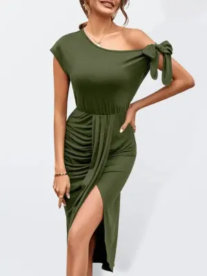 Women’s Solid Color Casual Knit Slant Neck Slit Waist Dress