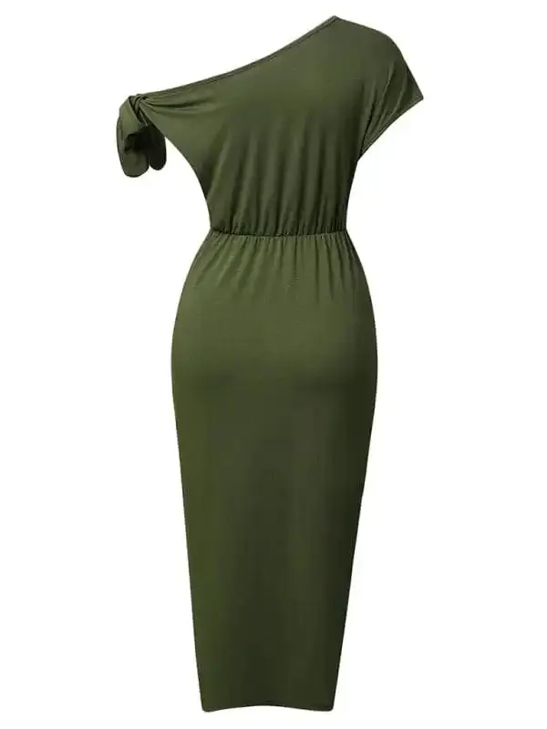 Women’s Solid Color Casual Knit Slant Neck Slit Waist Dress