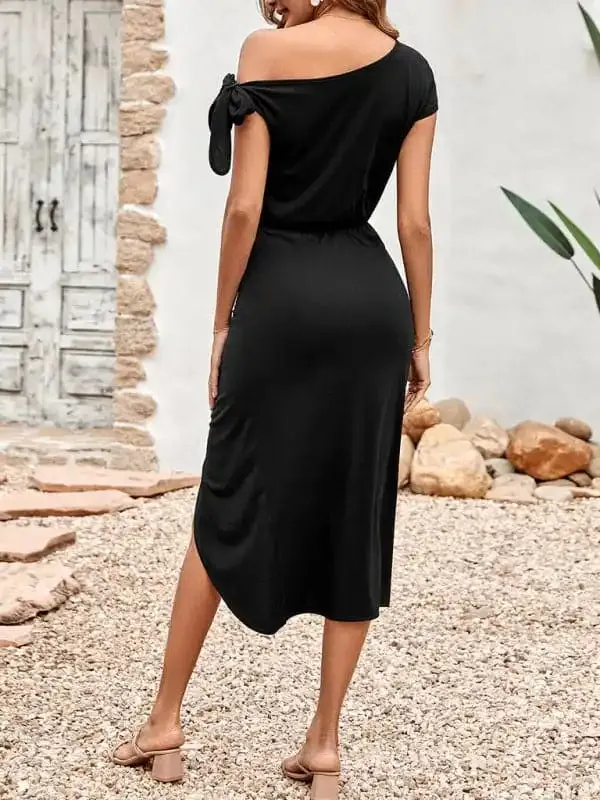 Women’s Solid Color Casual Knit Slant Neck Slit Waist Dress