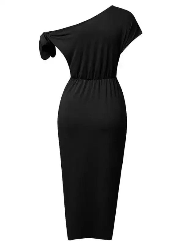 Women’s Solid Color Casual Knit Slant Neck Slit Waist Dress