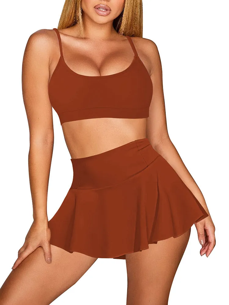 Women's Two Piece Solid Bikini Skirt Set Spaghetti Strap Crop Top Hight Waist Mini Swim Skirt