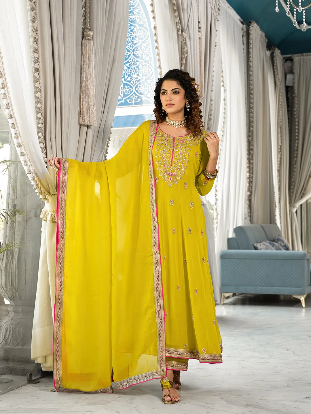 Yellow Zardozi Work Pure Georgette Anarkali Kurta Set With Dupatta