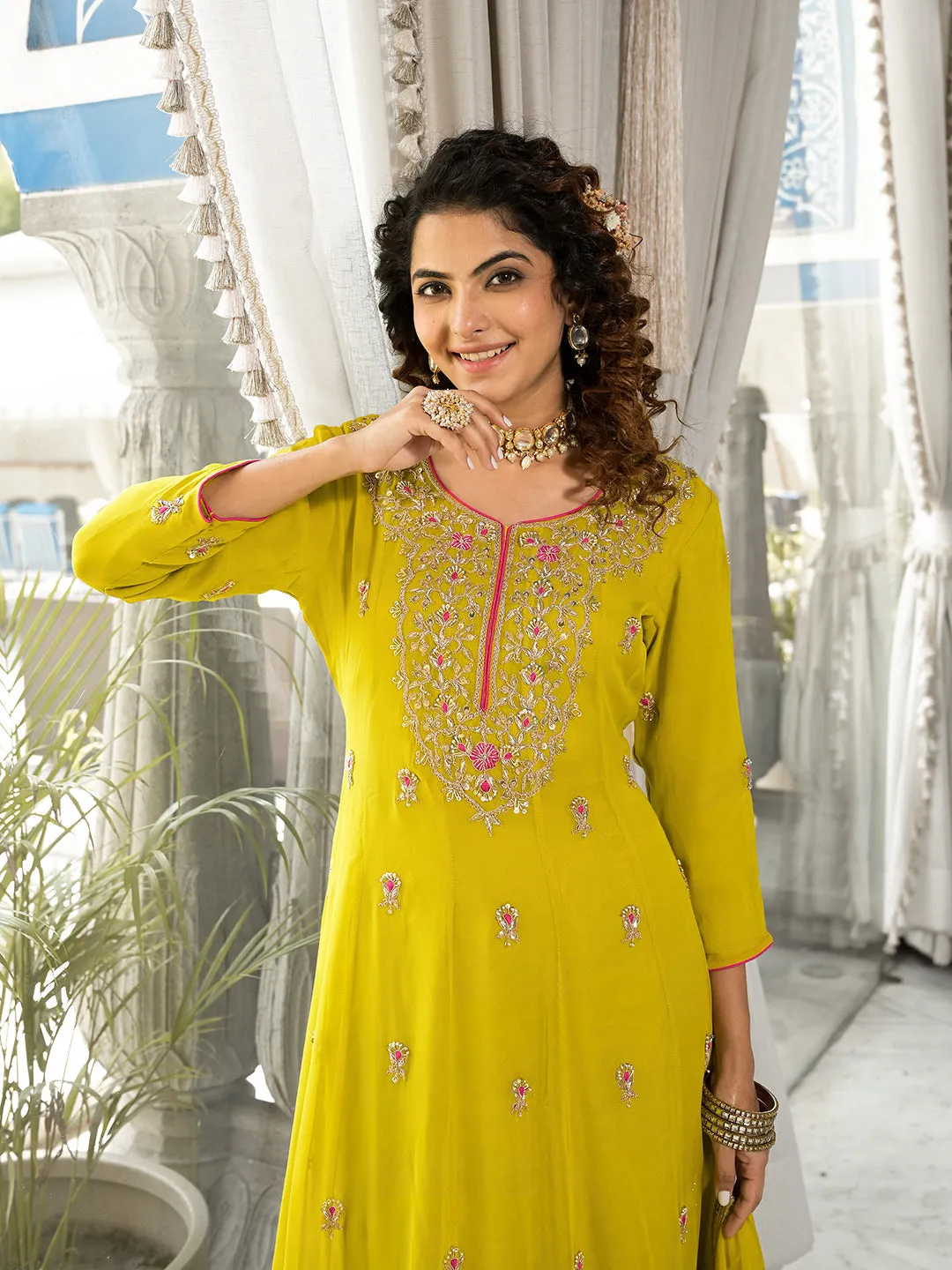 Yellow Zardozi Work Pure Georgette Anarkali Kurta Set With Dupatta