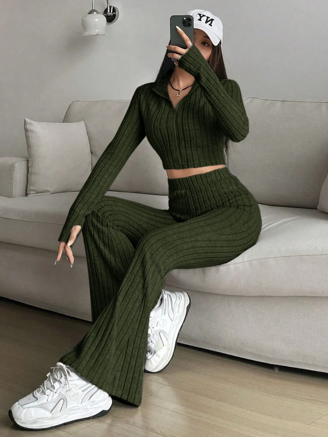 Zip Up Long Sleeve Top and Pants Set