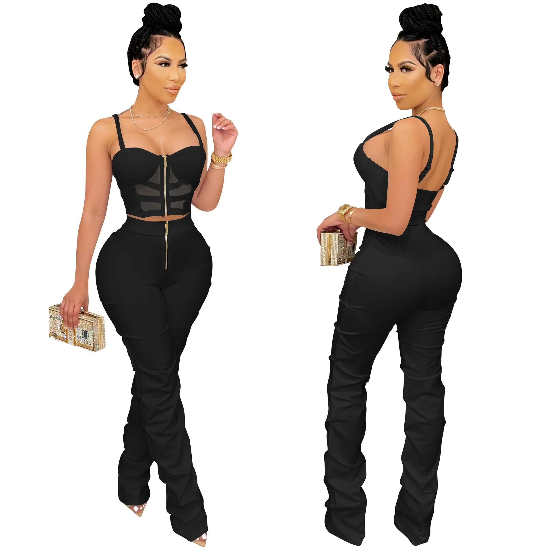 Zipper Sling Vest And Pants Set