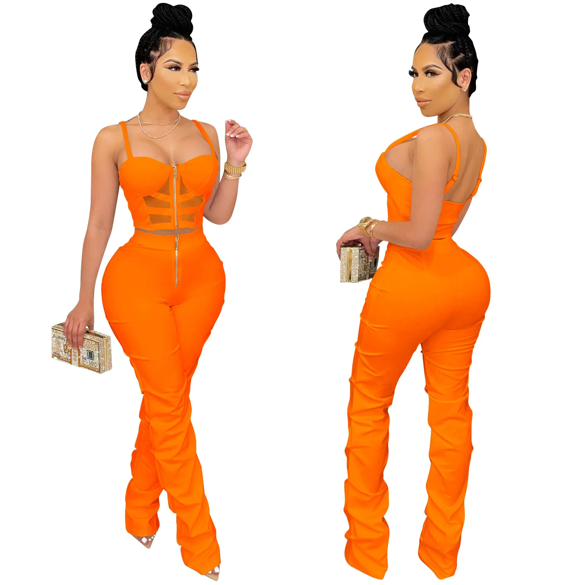 Zipper Sling Vest And Pants Set